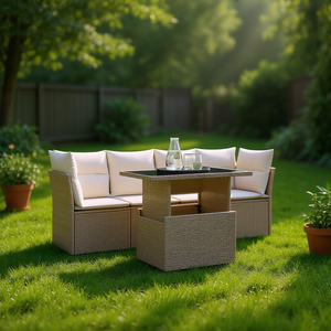 Beige Garden <b>Sofa</b> Set With Table 4 Seater <b>Rattan</b> Outdoor Furniture Contemporary Design - Product Image 2