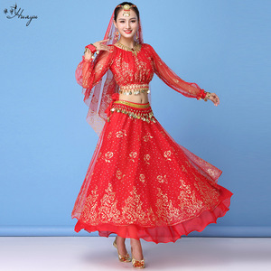Ropa de actuación de vientre de danza India gasa de manga larga falda larga traje de actuación de escenario femenino - Product Image 1