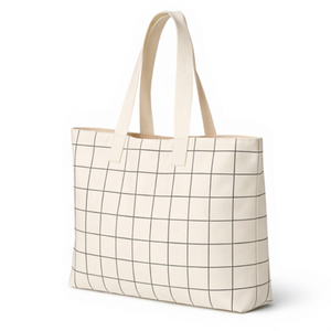 Sac fourre-tout en toile de coton avec fermeture éclair, écologique, design coréen simple, à carreaux, pour le shopping, sac à bandoulière - Product Image 2