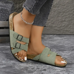 Pantofole da donna in pelle scamosciata morbida <span class=keywords><strong>suola</strong></span> in <span class=keywords><strong>sughero</strong></span> sandali larghi <span class=keywords><strong>con</strong></span> due fibbie regolabili in metallo sandali da spiaggia da esterno - Product Image 5