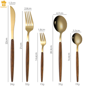 LEHAO, nuevo diseño, nórdico, portugués, vintage, mango de grano de madera, acero inoxidable, juego de cubiertos dorados, cuchara, tenedor, juego de <span class=keywords><strong>cuberteria</strong></span> - Product Image 2
