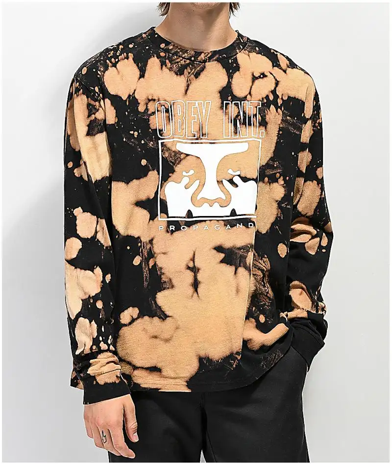 Men Cotton Jersey Black Bleached tie dye throughout long sleeve T shirt