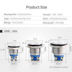 Không thấm nước vít thiết bị đầu cuối 1NO nút bắt đầu dừng 22 Mét thép không gỉ Nút chuyển đổi kim loại 2 Pin push button mà không cần ánh sáng - Product Image 5