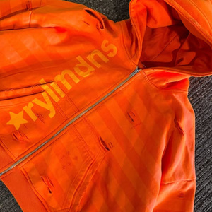 Vintage Distressed Hip Hop Orange Baggy Drop Shoulder Full Zip up Terry 100% Cotton Side <span class=keywords><strong>Kangaroo</strong></span> Pocket Oversized Hoodie Men - Product Image 5