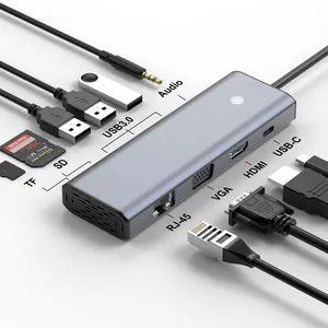 पीसी के लिए HDMI 4K30Hz USB 3.0 5Gbps SD TF कार्ड रीडर टाइप C PD 100W RJ 45 VGA USB हब के साथ USB C हब मल्टीपोर्ट एडाप्टर 10 इन1