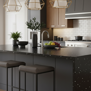 Encimera de Piedra de Cuarzo de Ingeniería Pulida de 20 mm, Color Negro Galaxia Cristalino de Alto Brillo OEM, para Isla de Cocina, Tocador, Bar, Hotel - Product Image 3