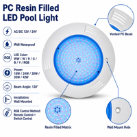 Lumière de piscine IP68 ABS 18W 24W 30W 35W 42W RGB LED, lumière sous-marine étanche AC/DC12V24V, lumière LED sous-marine pour piscine