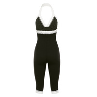 Combinaison d'été décontractée et sexy à col en V, dos nu, patchwork de dentelle contrastant, taille haute, style rétro minimaliste, longueur 5/8, une pièce