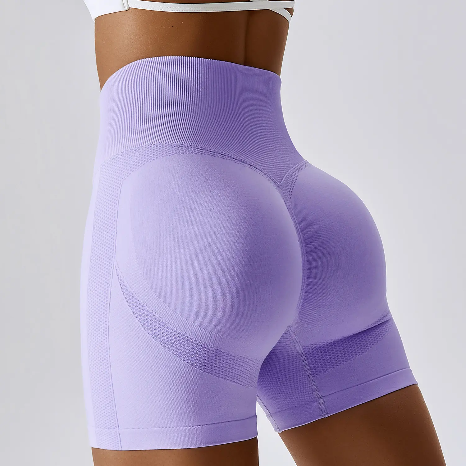 Venta al por mayor en forma de V de secado rápido entrenamiento deportes Fitness ropa deportiva sin costuras de cintura alta gimnasio Yoga Scrunch Butt Shorts para mujeres