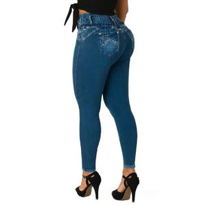 Venta al por mayor de fábrica de elástico de cintura alta y perforado azul pequeño pie roto lápiz largo <span class=keywords><strong>pantalones</strong></span> <span class=keywords><strong>vaqueros</strong></span> de las mujeres - Product Image 1