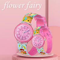 Montre à quartz analogique pour enfants, motif fée fleurie rose, tendance 2024, personnalisable, mouvement étanche 30m