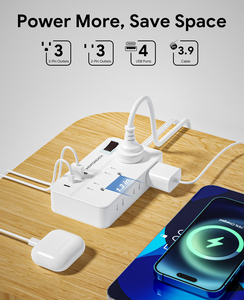 Protector de Sobretensión con Enchufe Angular, 6 Tomas de Corriente, 4 Puertos USB, 15A, 1875W, para Uso Doméstico, Carga Rápida, con Empaque Personalizable con Logotipo - Product Image 4