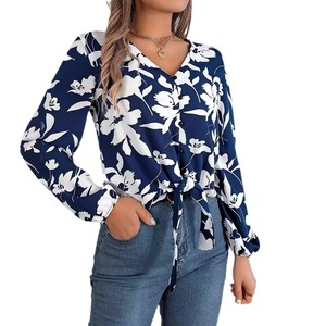 Autumn and Winter Casual Color-Collision Flower Lantern Sleeve <b>Tie</b> Chiffon Shirt Women's Tops Fashion - Product Image 1