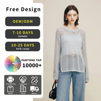 Haut en maille gris à manches longues et col rond pour femme, personnalisé OEM/ODM, avec empiècements en maille ajourée transparente, léger et décontracté