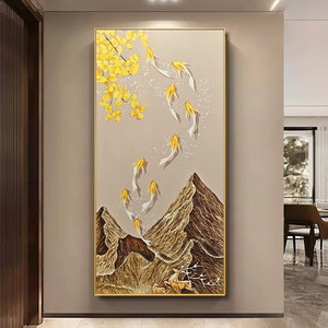 Hand Painted Oil Painting Nine Fish Wealth Mountain Scene 3D Effect Contemporary <b>Art</b> Wall Hanging for Hallway Entryway Decor - Product Image 1