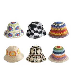 Summer Hollow out designer paper straw hat Women Floppy patchwork floral Panama cap Crochet lady sun beach hat Bucket hat