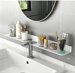 Étagère murale de salle de bain avec découpe pour robinet, sans perçage, en aluminium, support flottant pour cosmétiques et articles de toilette, noir et blanc - Product Image 1