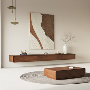<span class=keywords><strong>Meuble</strong></span> <span class=keywords><strong>TV</strong></span> Noyer Bois Massif Suspendu, Combinaison Table Basse, Design Mural Moderne et Minimaliste - Product Image 2