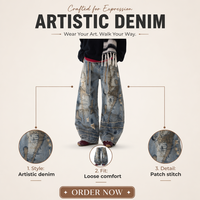 Jeans pour hommes en denim délavé, coupe Scimitar à jambe large, brodés, effet usé
