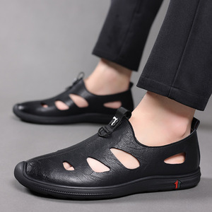 Men's Round Toe Leather Sandals <b>Slip</b>-On Summer Sporty Style Rubber Outsole EVA Midsole Solid Color PU Lining - Product Image 3