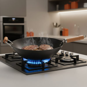 Ustensiles de cuisine chinois personnalisable, épaisseur à deux couches, antiadhésif en acier au carbone, <span class=keywords><strong>wok</strong></span> avec couvercle en bois 14/1.5 cm, 35.5 pièces - Product Image 3