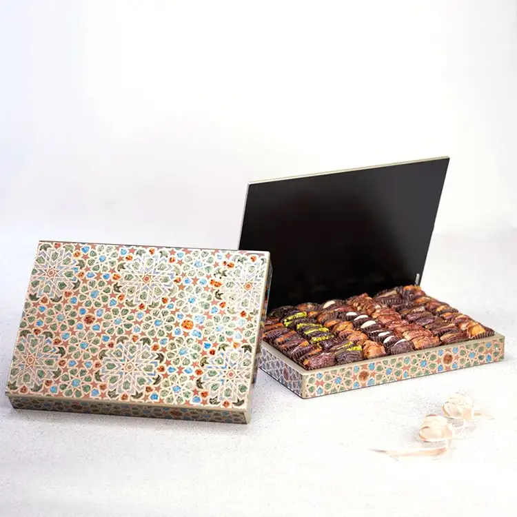 Elegante pintura loco embalaje de madera de lujo de Oriente Medio caja de regalo de Chocolate Piano laca fechas pastel Ramadan caja de almacenamiento de madera