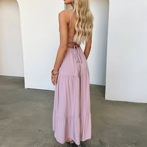 <span class=keywords><strong>Robe</strong></span> mi-longue élégante <span class=keywords><strong>dos</strong></span> <span class=keywords><strong>nu</strong></span> à bretelles vintage et sexy Tissé à la taille naturelle Robes décontractées longues violettes pour femmes - Product Image 4