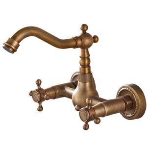 Robinet de cuisine et de baignoire en laiton classique européen antique, double poignée, eau chaude et froide, rotatif, mural - Product Image 1