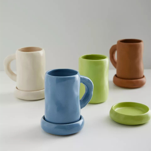 Superficie irregolare glassa di colore personalizzabile lucida all'ingrosso per la casa ogni giorno usato in ceramica cappuccino tazze e tazze da caffè con piastra - Product Image 6