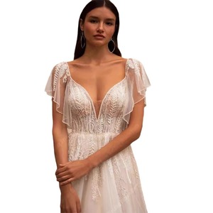French Style Wedding Dress White A-Line Tulle V-Neck Empire Waist Vintage Fashion - Product Image 5