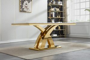 Bàn ăn hình chữ nhật hiện đại đặt bàn đá cẩm thạch 5 mảnh 6 ghế nhung cho <span class=keywords><strong>4</strong></span>-6 người (Vàng trắng) phòng khách khách sạn mềm - Product Image 3