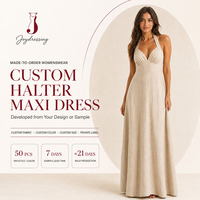 Pabrik Joydressing Gaun Maxi Linen Wanita Custom Polos Tanpa Lengan Kerah V Plunge Halter Terbuka di Belakang Gaun Panjang Musim Panas OEM ODM