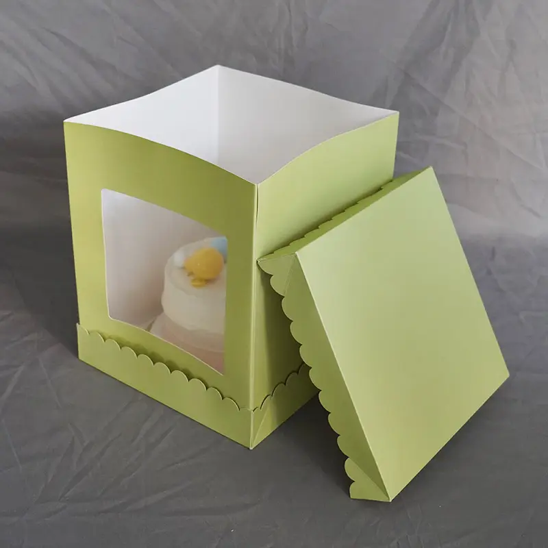 Высококачественная зеленая высокая коробка для торта с зубчатым окном и досками для торта одноразовые контейнеры для торта с ручкой