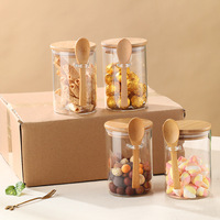 Ensemble de pots à épices ronds en verre au design pastoral populaire avec cuillères, bocaux de stockage hermétiques pour restaurants, stockage de céréales et de thé