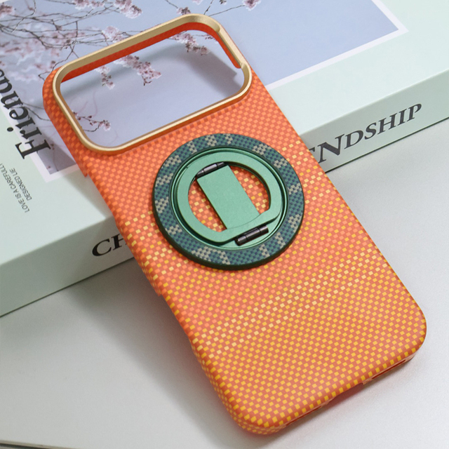 Custom 2 in 1 Aramid Fiber Pc Phone Case With Magnetic Stand, Ultra Thin Shockproof Cover Built in 360 Rotatable Holder