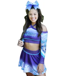 Wholesale Latest High School Long Sleeve Girl Cheerleader Flouncy Skirt Costume Custom Rhinestone Purple Color Cheer Uniforms