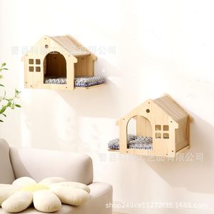Wooden Cat <b>Bed</b> Solid Wood Wall Mounted <b>House</b> Shape Pet Hammock For Cats Durable Four Seasons Use - Product Image 1