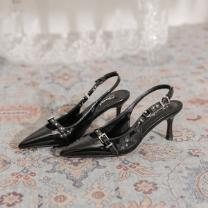 Escarpins noirs en cuir verni à bout pointu avec bride à boucle, talons aiguilles, style toutes saisons - Product Image 1