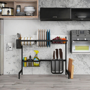 Estante ajustable de 2 niveles para fregadero, organizador de cocina de metal con soporte para platos y cesta para utensilios - Product Image 3