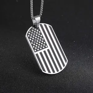 Fashion Jewelry High Polish 316L Stainless Steel Enamel America Flag Rectangle Pendant Necklace for Men