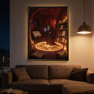 Art mural moderne imprimé <span class=keywords><strong>sur</strong></span> le thème d'Halloween, encadré dans du bois, orné <span class=keywords><strong>de</strong></span> motifs magiques et <span class=keywords><strong>de</strong></span> citrouilles, idéal pour la décoration intérieure. - Product Image 2