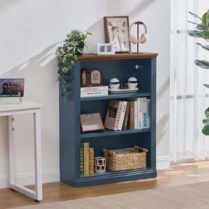 Estantería Alta Azul, Librería de <span class=keywords><strong>Madera</strong></span> <span class=keywords><strong>Gruesa</strong></span> de 3 Niveles con Estantes Ajustables, Librería Independiente Estilo Rústico con Almacenamiento - Product Image 6