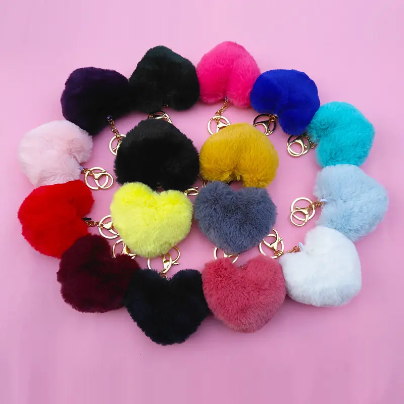Wholesale cheap heart-shaped Solid Color Fuzzy Pom Pom Ball bag keychain