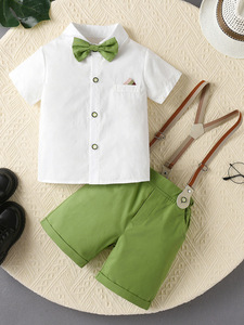 Adorable bébé garçon vert <span class=keywords><strong>blanc</strong></span> tenue ensemble chemise à pois nœud papillon bretelles Shorts élégant décontracté et vêtements de cérémonie - Product Image 5