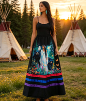 Jupe longue maxi vintage pour femme, style bohème, imprimé floral et ours, avec ruban, motif autochtone, mode nature, rétro canadien, vente en gros