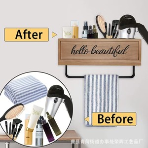 Support mural en bois pour sèche-cheveux, organisateur multi-compartiments pour serviettes et bandeaux, outil de coiffure transfrontalier - Product Image 5
