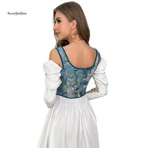 เสื้อกั๊กคอร์เซ็ตแนววินเทจพิมพ์ลายดอกไม้สีฟ้าชุดโจรสลัดยุคเรเนซองส์ - Product Image 4