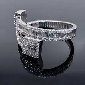 Fashion Jewelry Rings 925 Sterling Silver Hiphop Baguette Cut Resizable Moissanite Diamond Rings