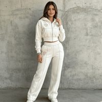 Ensemble de survêtement unisexe vintage avec broderie, sweat à capuche court zippé, pantalon de survêtement à jambe droite avec surpiqûres contrastées, taille élastique, coupe ample