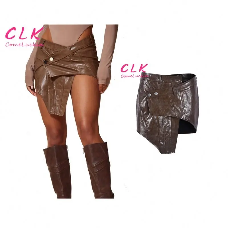 Wholesale 2024 spring new women's fashion miniskirt PU leather asymmetric wrapped skirt plus size sexy skirt women's clothes